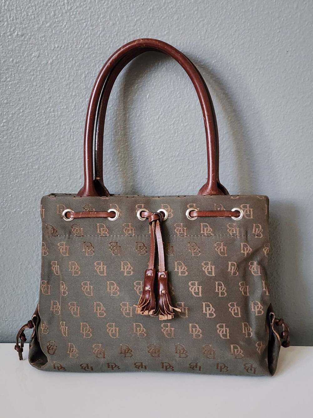Vintage Dooney & Bourke Signature Mini Tassel Tote Olive Green & Brown